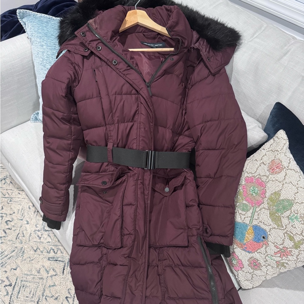French Connection Long Quilted Puffer Coat with Belt - Plum
